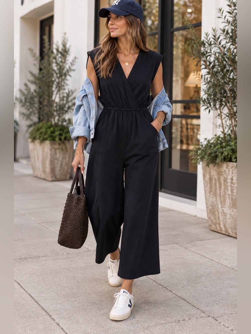 🔹 Black Cropped Wide-Leg V-Neck Jumpsuit Size Medium